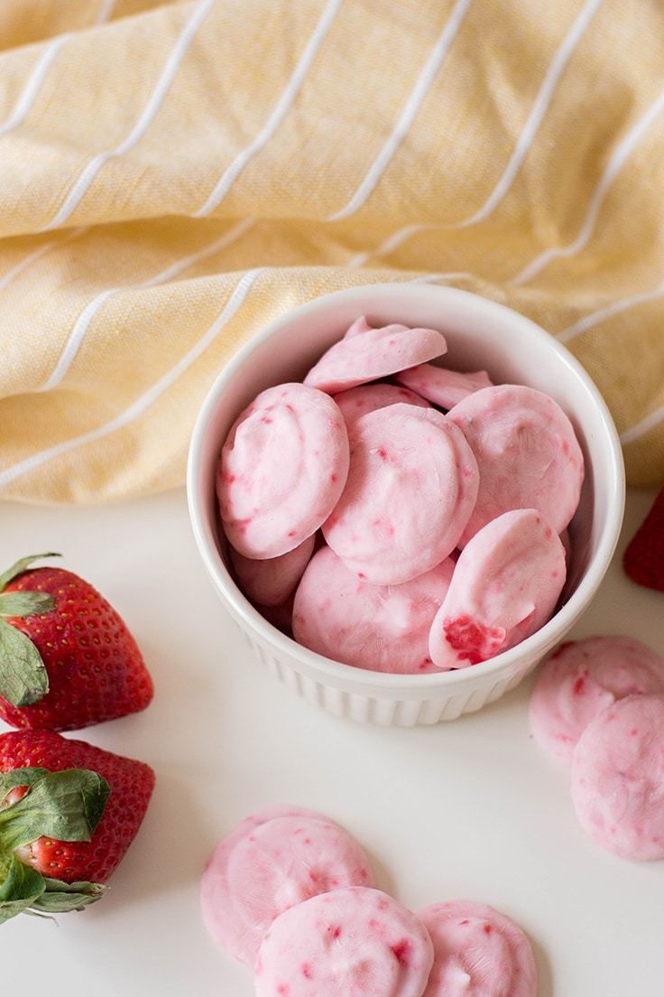 A bowl full of Easy Strawberry Yogurt Bites.