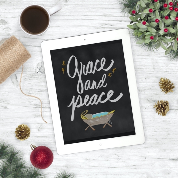 Grace and Peace Chalkboard Print - Baby Jesus Nativity - Christmas Digital Art