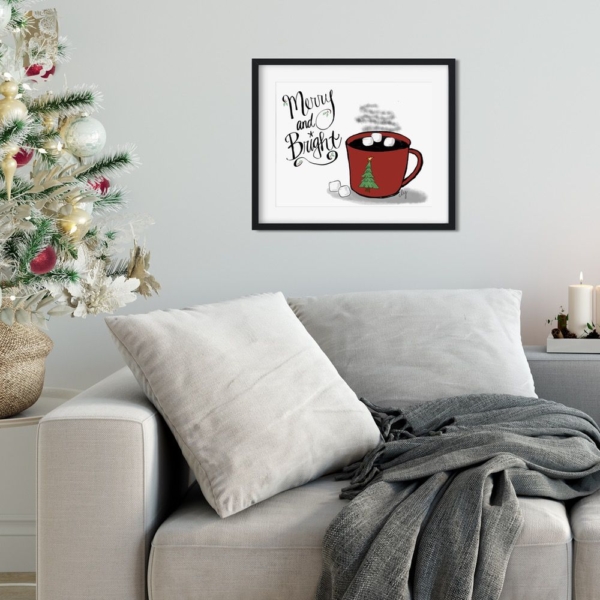 Merry and Bright with Hot Cocoa - Christmas Print - Digital Art