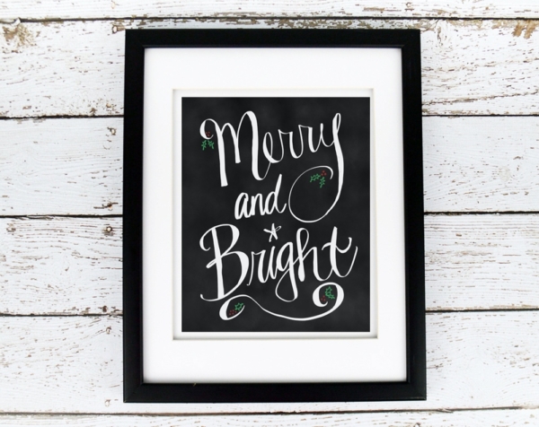 Merry and Bright Chalkboard Print - Christmas Digital Art