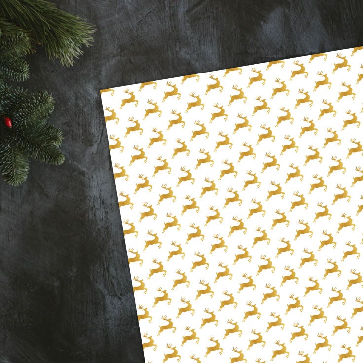 Evergreen decoration in upper left corner on black countertop and preview of gold reindeer wrapping paper design.