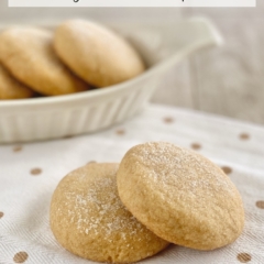 Brown Sugar Cookies displayed in a white serving dish with two cookies in the forefront.