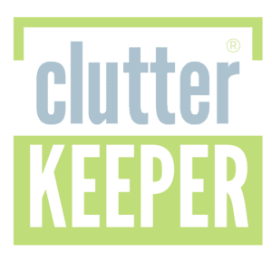 Clutter Keeper logo with text in blue and green in a box
