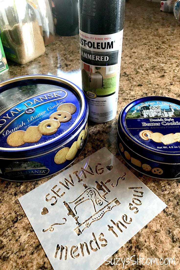2 cookie tins, a stencil and some spray paint