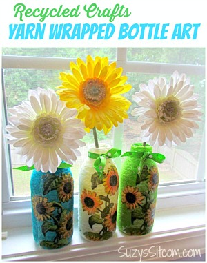 Recycled crafts yarn wrapped bottle art from Suzy's Sitcom