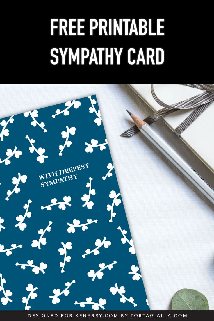 Preview of with deepest sympathy printable card in dark blue with white floral pattern.