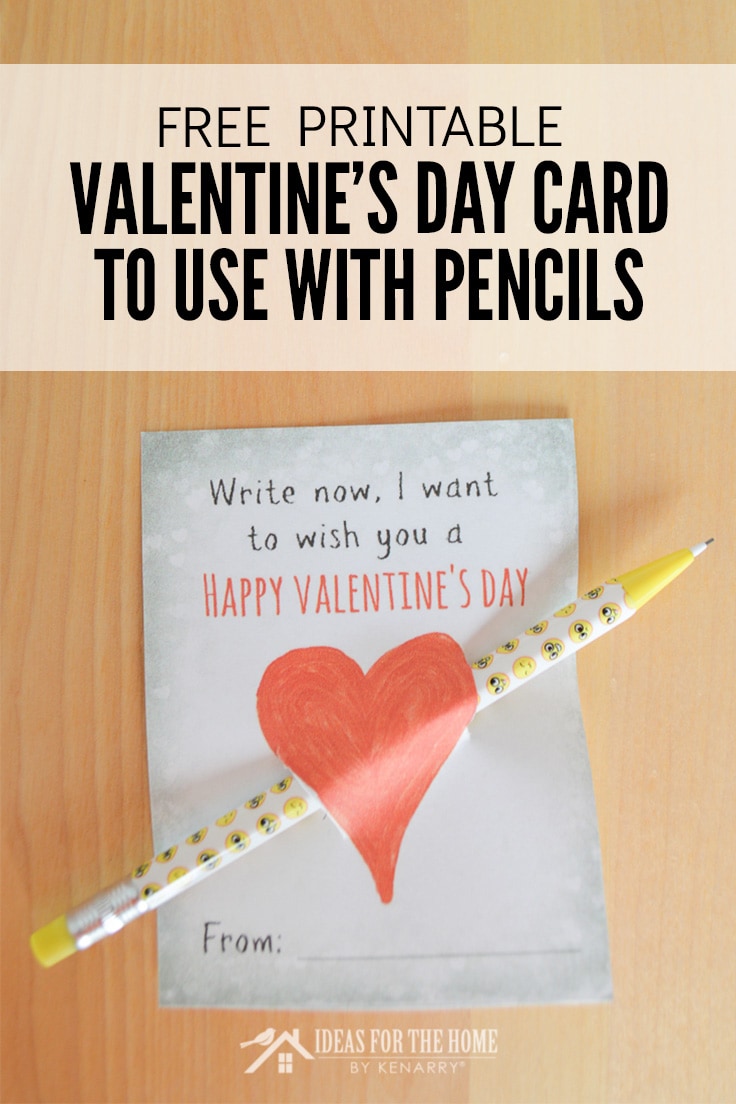 Free printable Valentine's Day card for kids with a real pencil through a heart illustration.