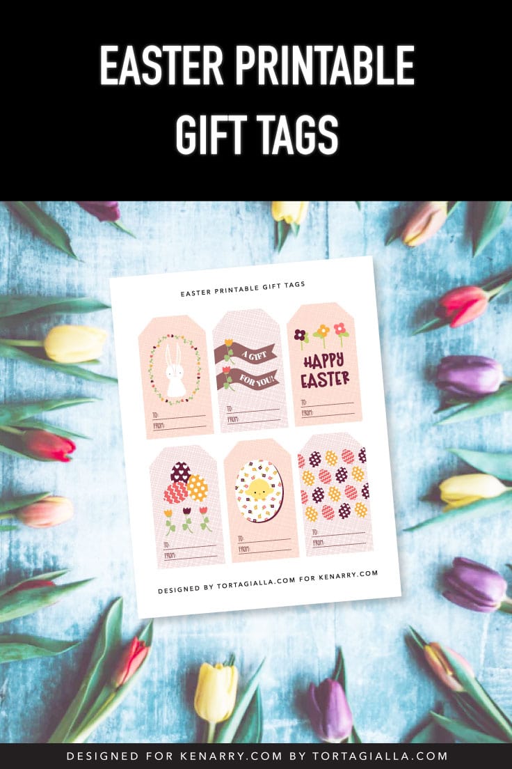 Preview of gift tags with Easter designs with tulip flowers laid all around.