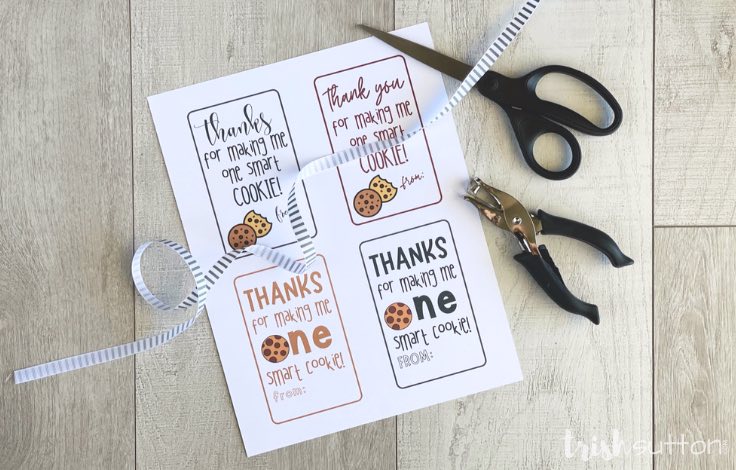 Free printable teacher appreciation gift tags with scissors, ribbon & hole punch on wood background.