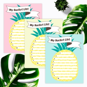 Preview of pineapple bucket list design on pink, yellow and blue backgrounds with green foilage in corners.