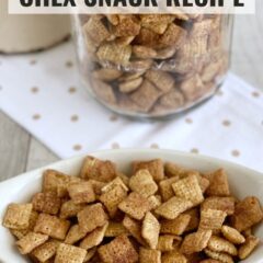 Cinnamon Sugar Chex Snack on a white napkin with a bowl of treats in a jar in the background.