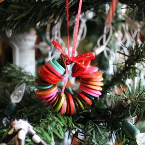 Handmade button wreath Christmas ornament from One Mama's Daily Drama.
