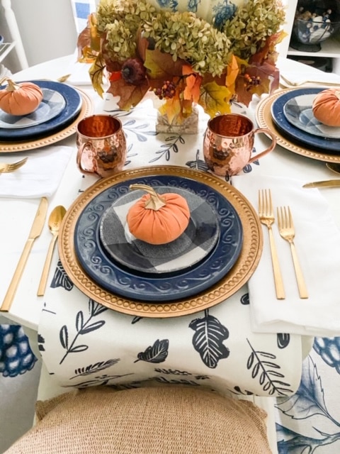 fall tablescape in blue and orange