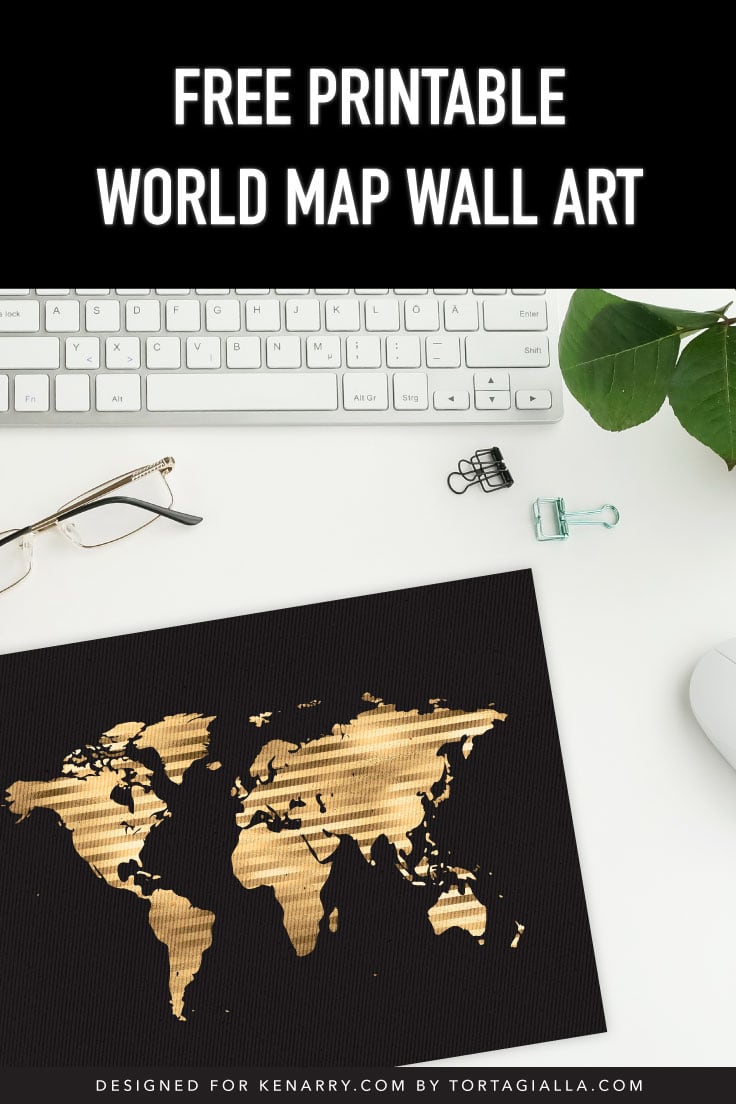 Preview of black and gold world map wall art on white desk with view of keyboard, glasses, clips, plant and mouse.