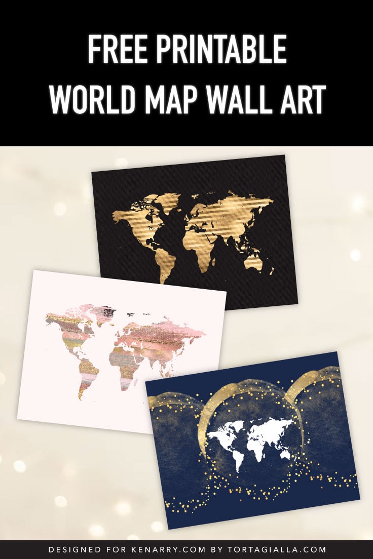 Preview of world map in black/gold, pink glitter and navy blue gold design styles.