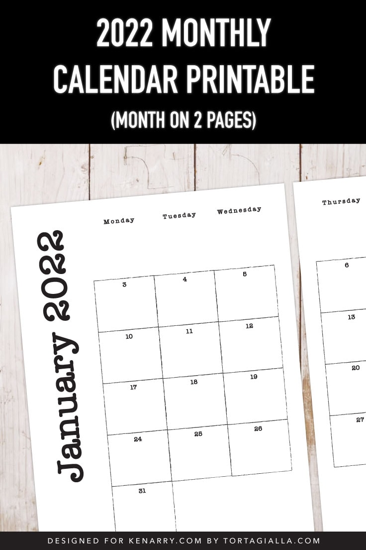 Preview of January 2022 monthly calendar printable on wooden surface.