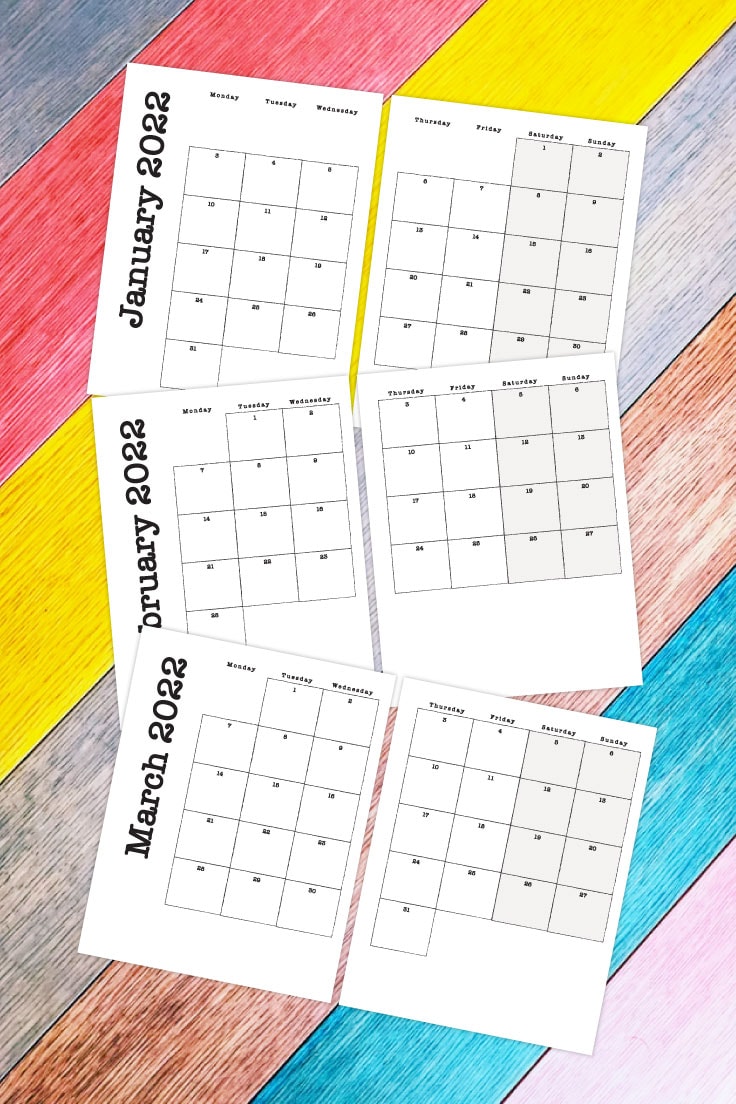 Preview of January, February and March 2022 monthly calendars on two page printables on rainbow wooden table.