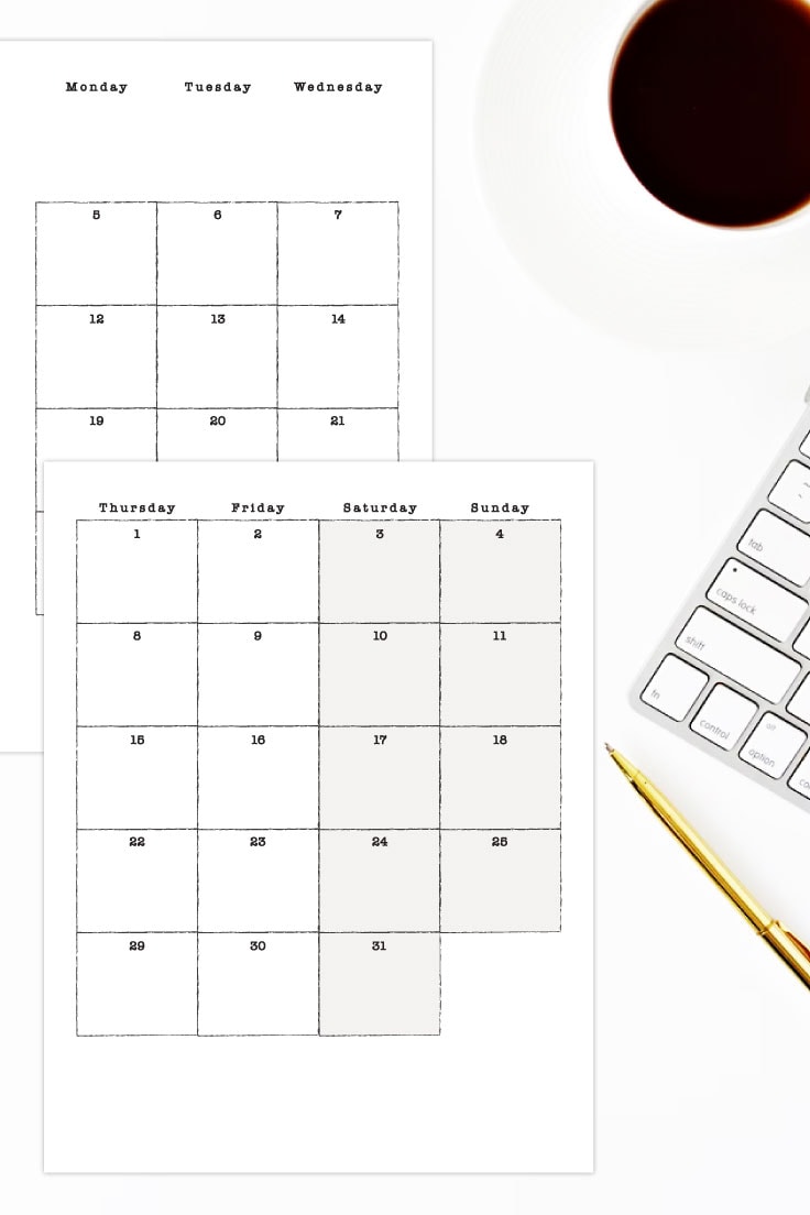Preview of monthly calendar printable on white desk with view of coffee mug, keyboard and gold pen.