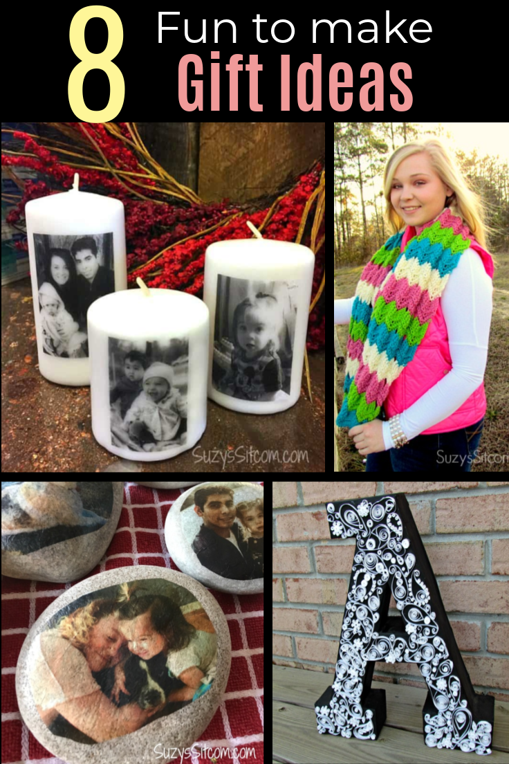Collage of images including photo candles, a scarf, photo rocks, and a large letter A with text overlay that reads 