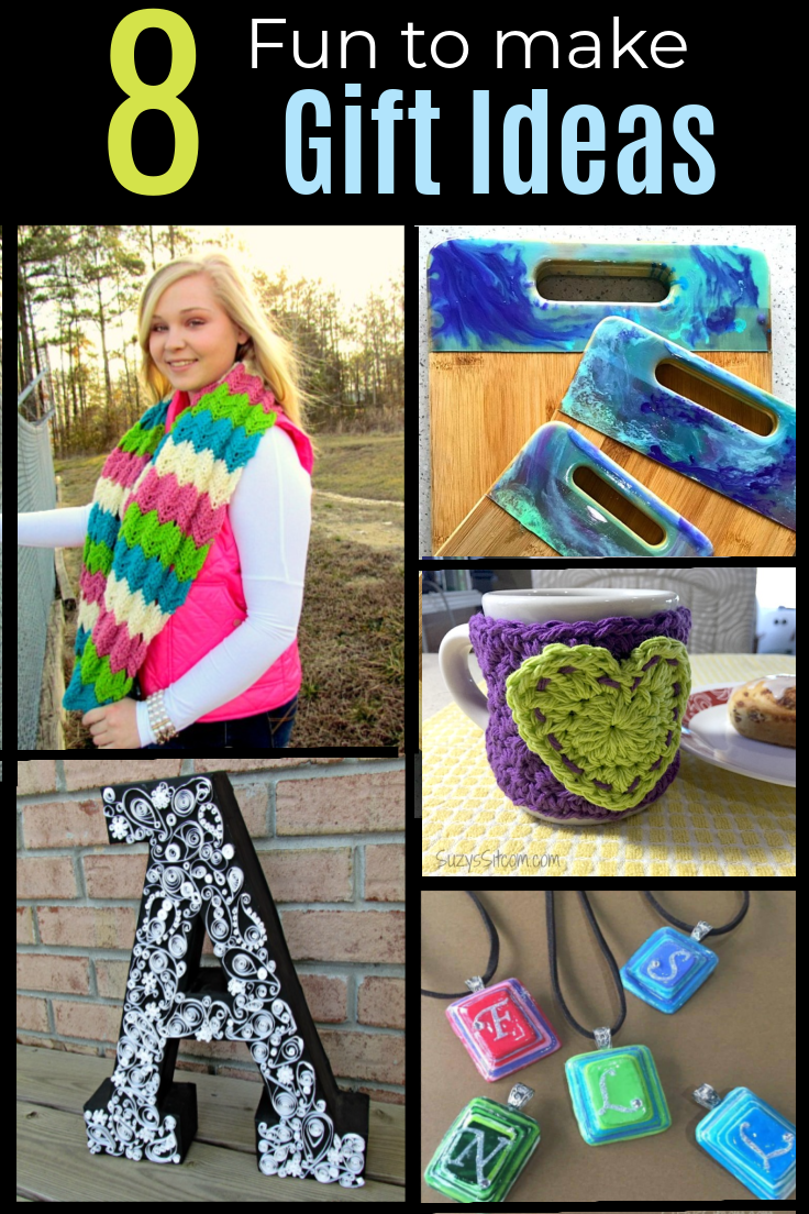 Collage of photos including a scarf, cutting boards, mug cozy, letter a, and necklace charms with text overlay that reads 