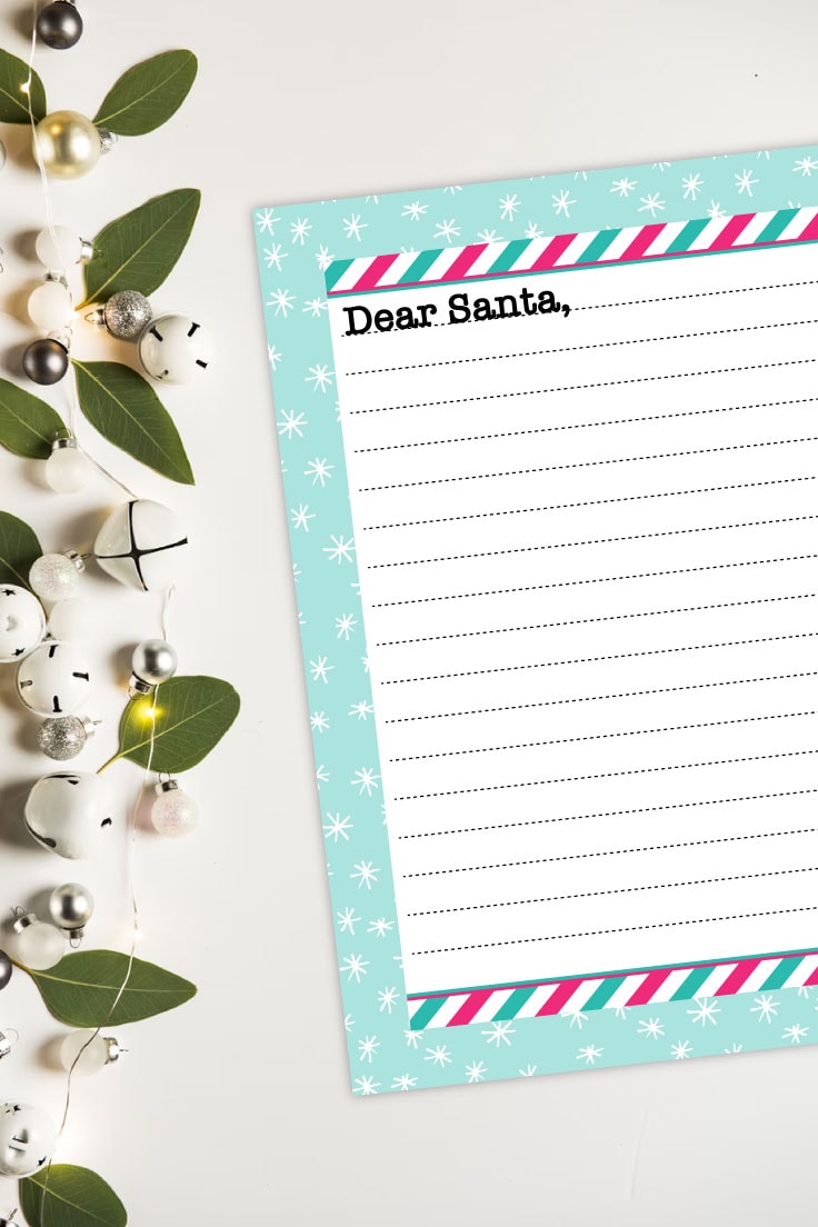 Preview of Dear Santa printable page on white background with left border of leaves and bells.