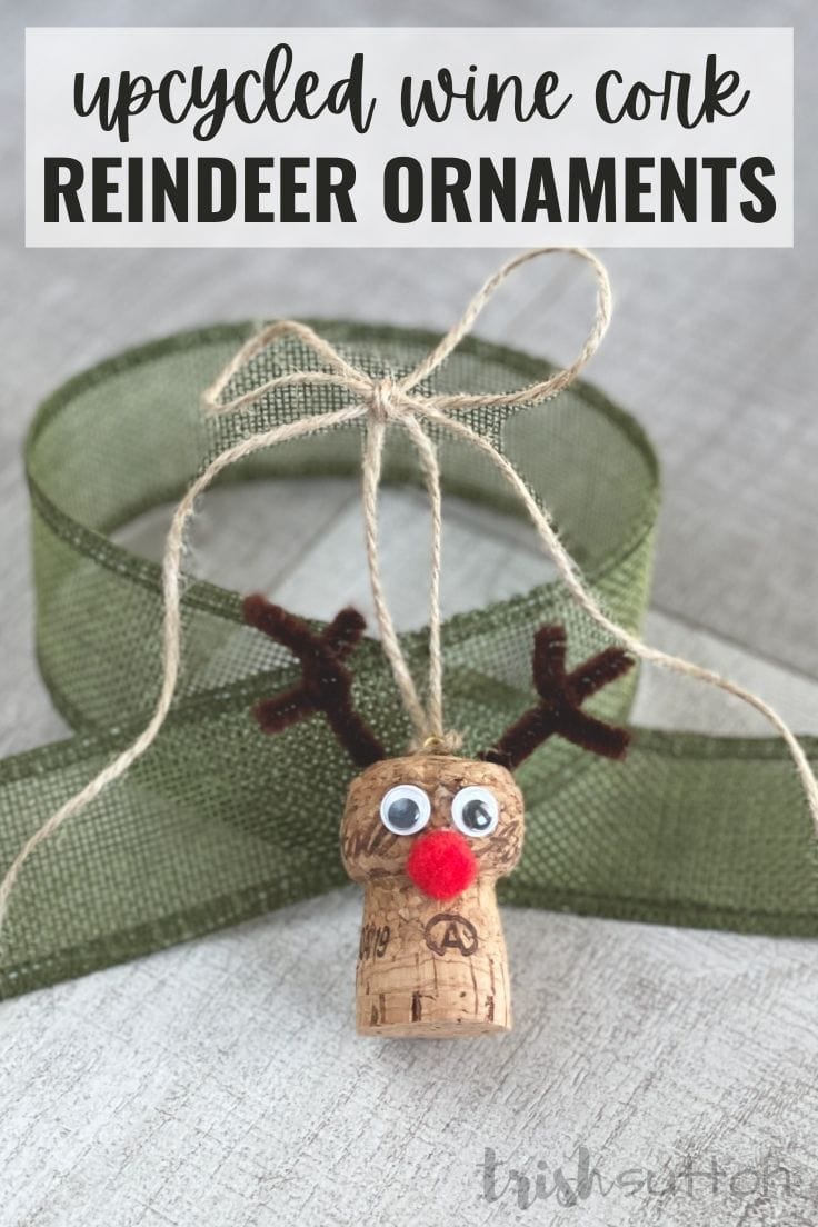 Wine Cork Reindeer Ornament ready to hang on the Christmas tree.