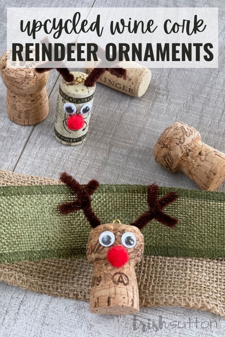 Upcycled wine corks turned reindeer on a wood backdrop.