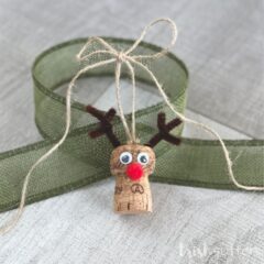 Wine Cork Reindeer Ornament ready to hang on the Christmas tree.
