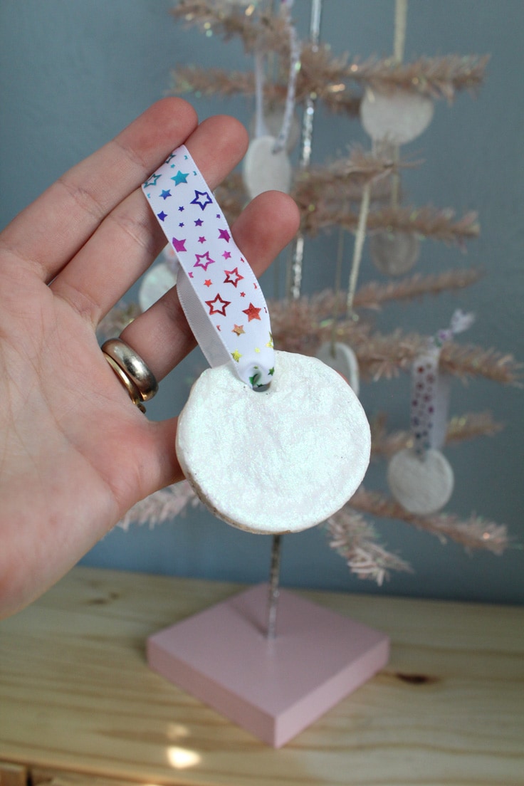 Closeup of the glitter sparkle on the handmade ornament.