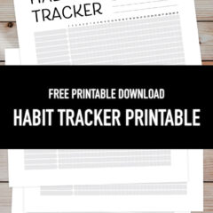 Preview of multiple habit tracker PDF on wooden plank background.