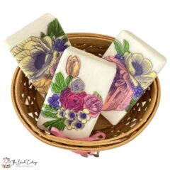 basket filled with 3 bars of decoupaged soap