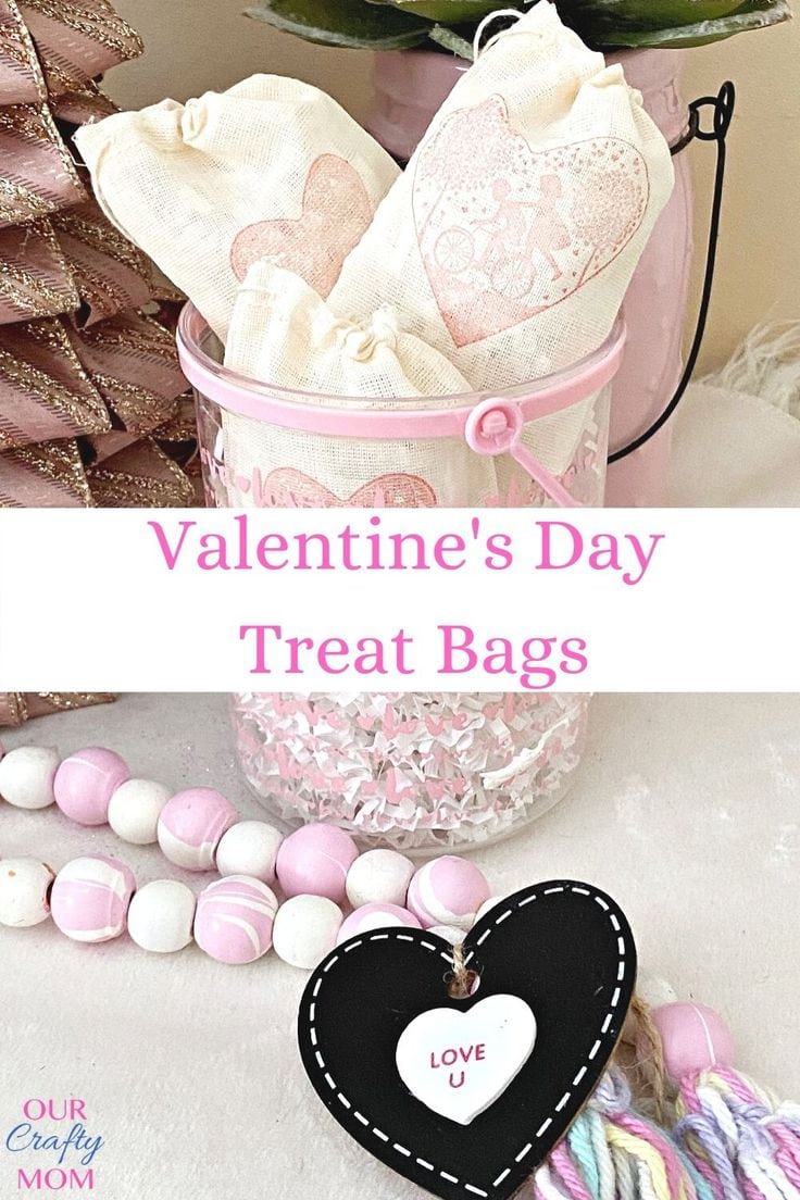 Hand stamped valentine treat bags with pink hearts.