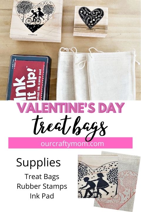 Valentine's Day treat bags with canvas bags, red ink pad, and rubber heart stamps.