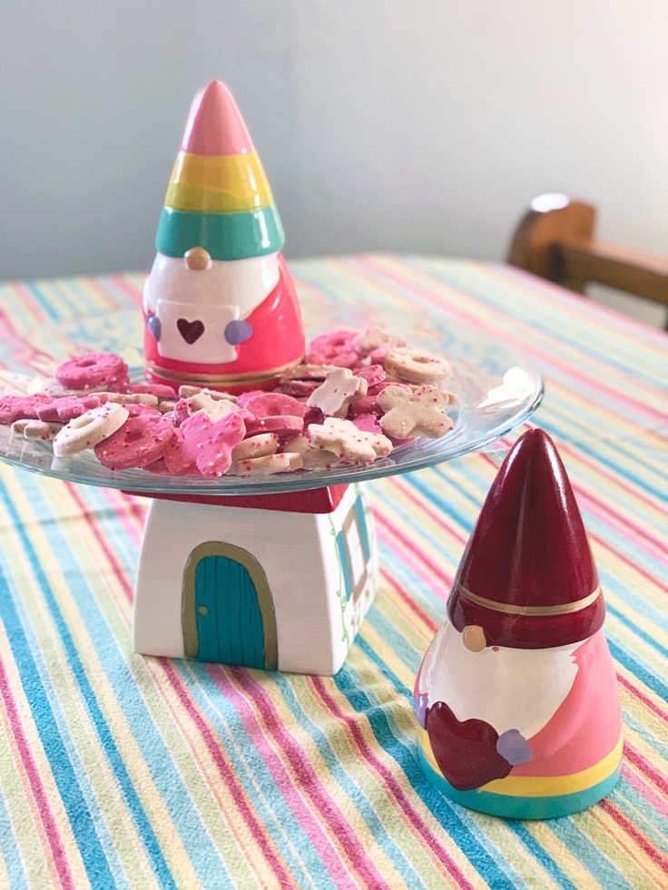 DIY cake stand fairy and gnome house with cookies.