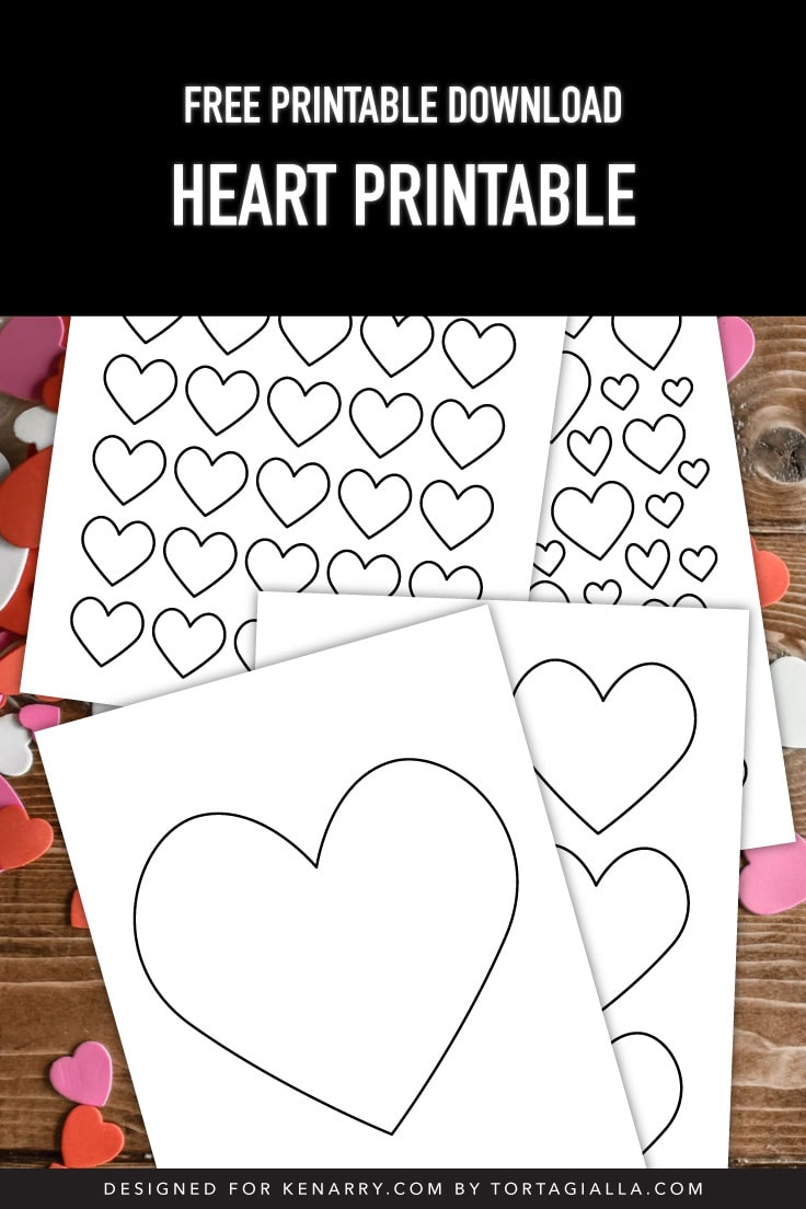 Preview of four heart design printables on top of wooden table with heart shaped confetti in red pink and white.