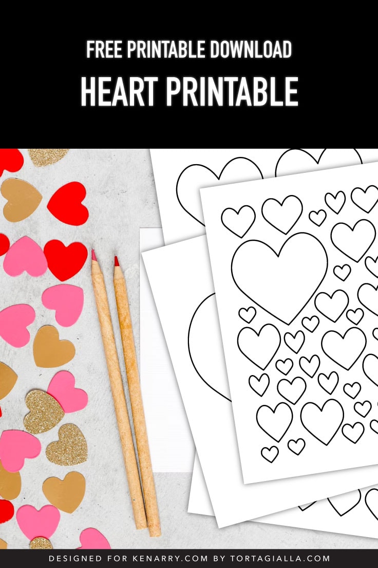 Preview of printable heart design pages on countertop with two colored pencils and heart shaped paper confetti on the left.