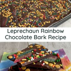 Collage image with pan of Leprechaun Rainbow Chocolate Bark on top and pieces of prepared candy on bottom.