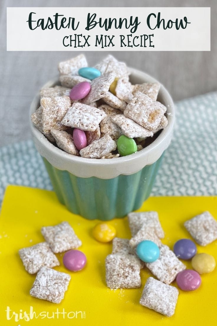 Dish filled with spring Chex mix treat.