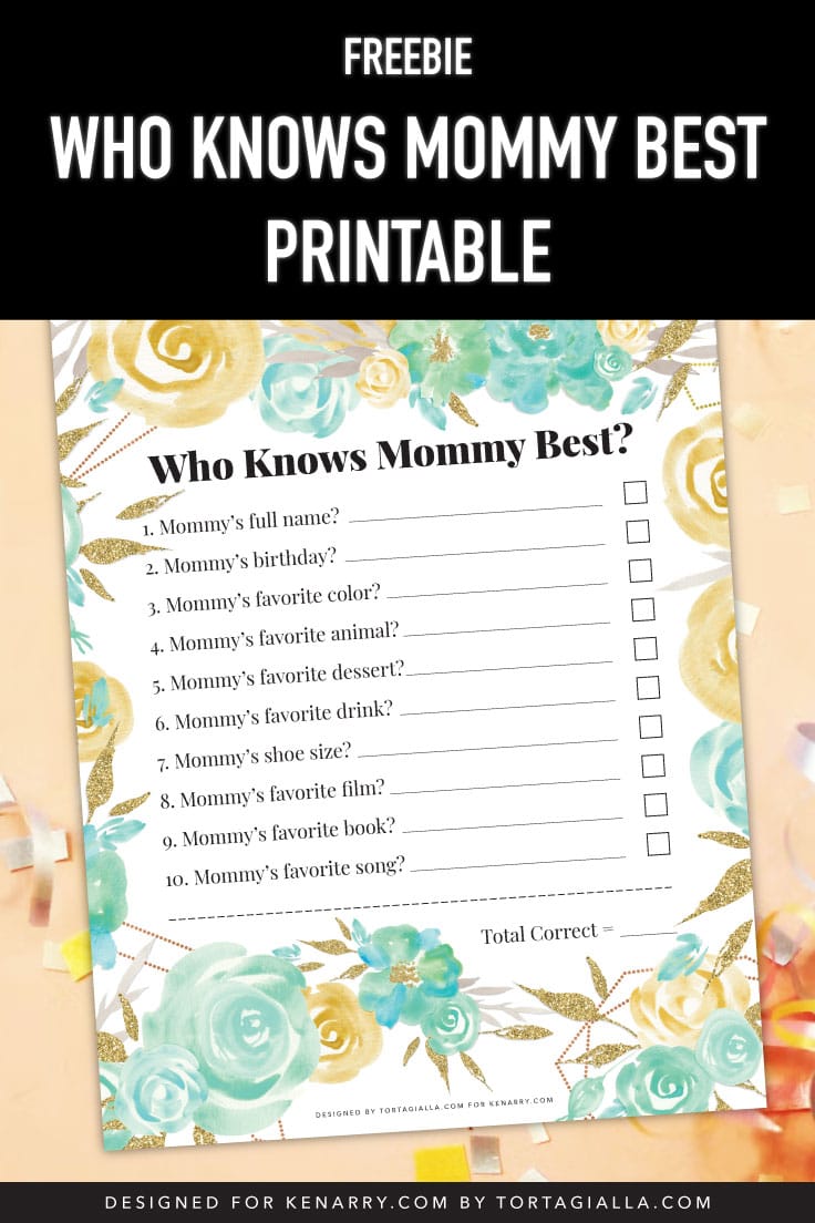Preview of who knows mommy best pdf printable design on a light orange background with party ribbon and confetti around. 