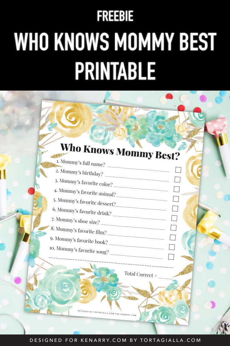 Preview of who knows mommy best pdf printable design on a mint colored confetti party decorated backdrop.