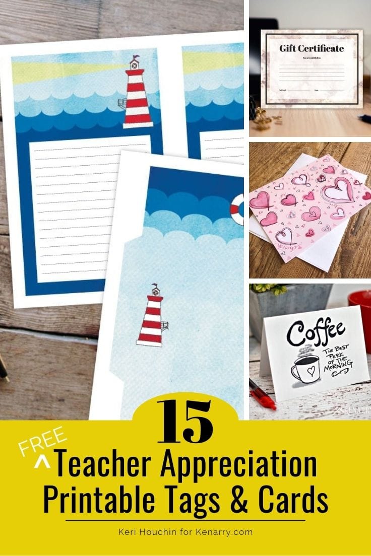 Collage of free teacher appreciation printable tags and cards.