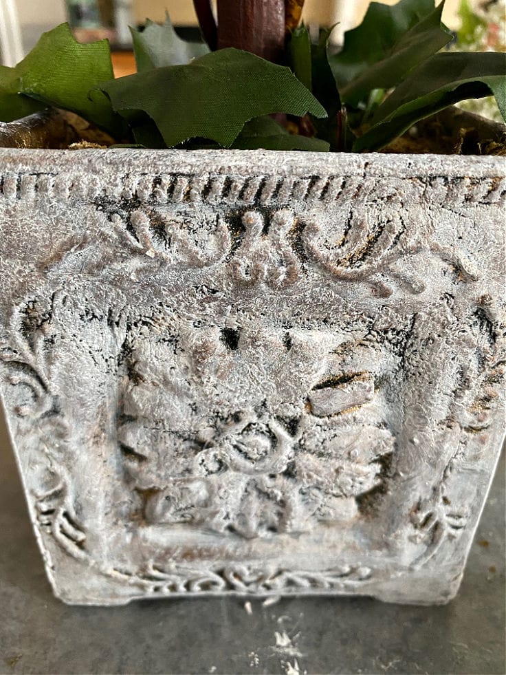 close up of chalk painted topiary pot