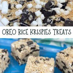 Collage of two images with ingredients for Oreo Rice Krispies Treats on top and the finished product on the bottom.