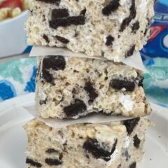 Stack of Oreo Rice Krispies Treats on a white plate.