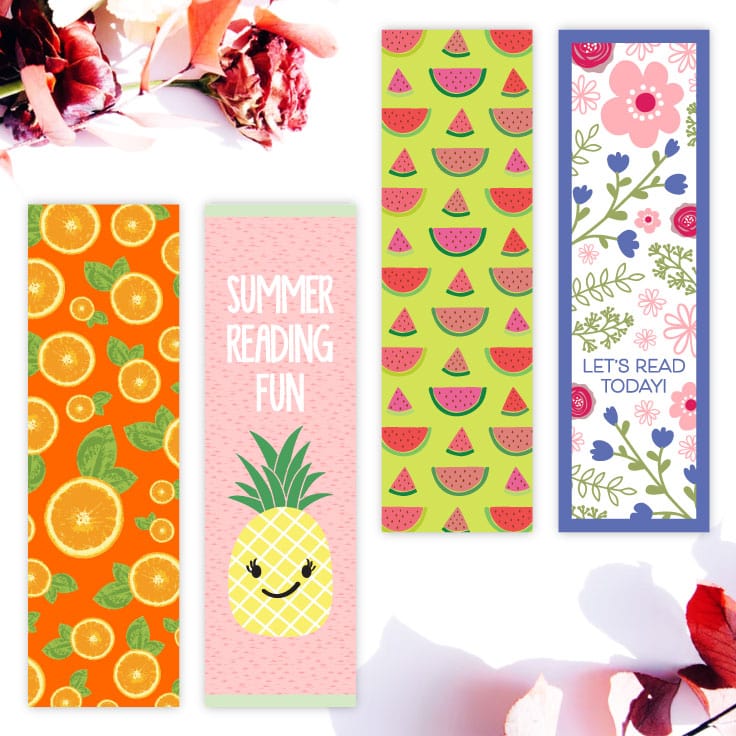 Preview of 4 printable bookmark designs on white background with dried flowers decoration on upper left and lower right.