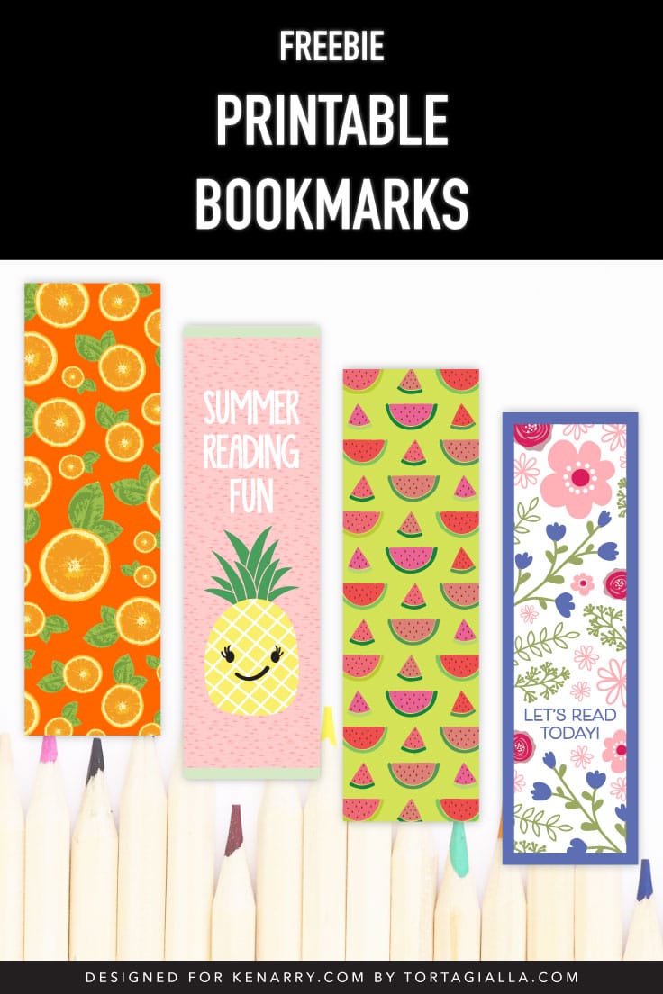 Preview of four printable bookmark designs on a white background with colored pencils at the bottom.