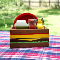 DIY condiment caddy painted to resemble a cheeseburger.