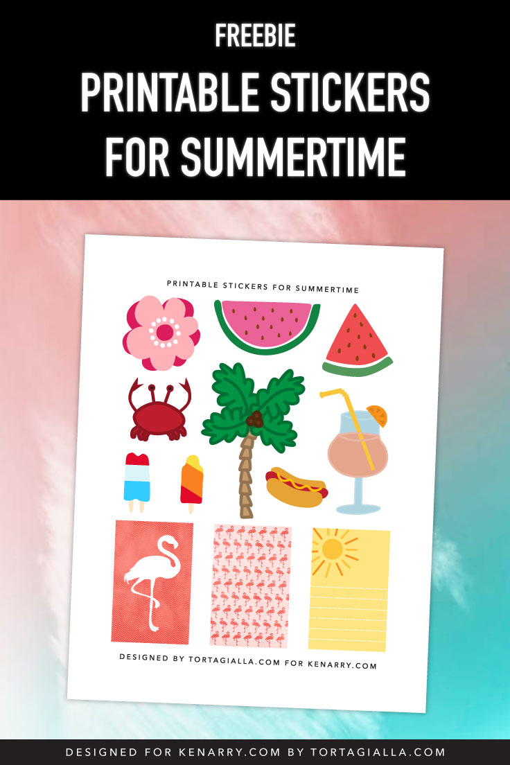 Preview of printable page of summer illustration motifs on pink and teal background color.