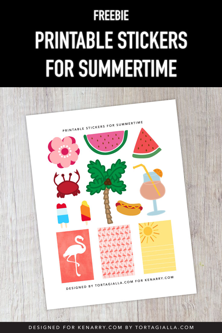 Preview of printable page of summer illustration motifs on wood background.