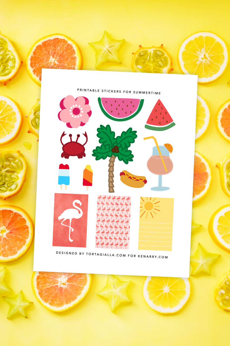 Preview of printable page of summer illustration motifs on yellow background with slices of orange, lemon and starfruit underneath.
